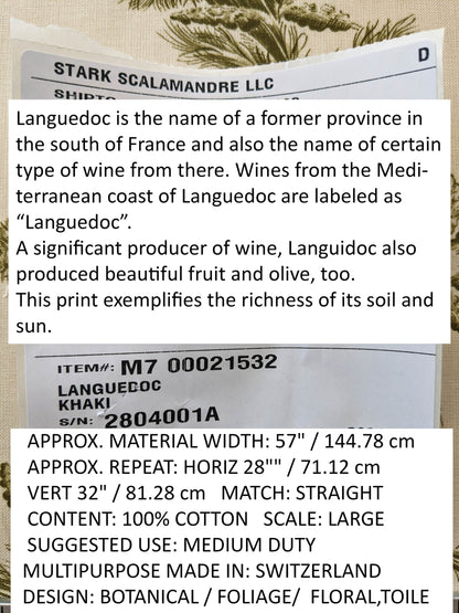 by yard Scalamandre Grey Watkins Languedoc Khaki Beige Green Botanic Fern and Thistle Southern France Toile Circa 1790 MSRP USD 364/y