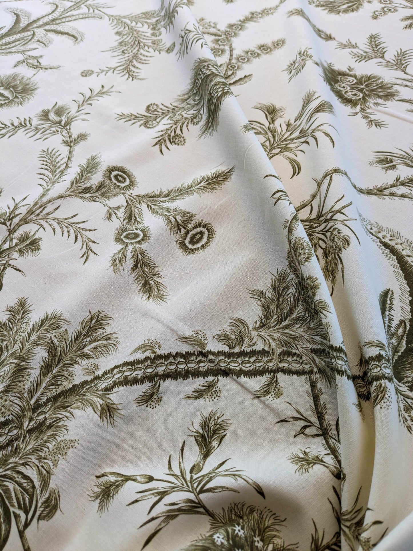 by yard Scalamandre Grey Watkins Languedoc Khaki Beige Green Botanic Fern and Thistle Southern France Toile Circa 1790 MSRP USD 364/y