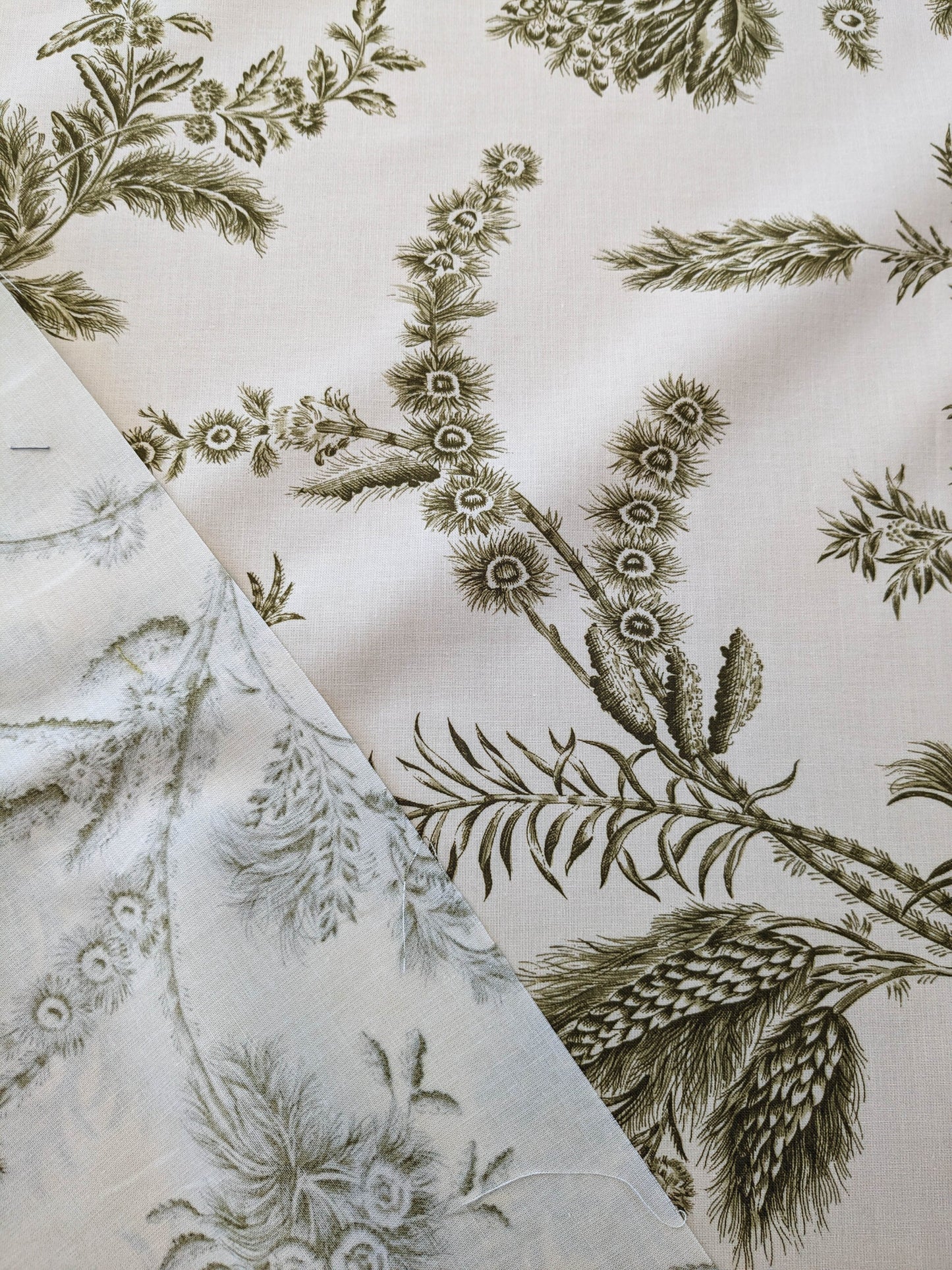 by yard Scalamandre Grey Watkins Languedoc Khaki Beige Green Botanic Fern and Thistle Southern France Toile Circa 1790 MSRP USD 364/y