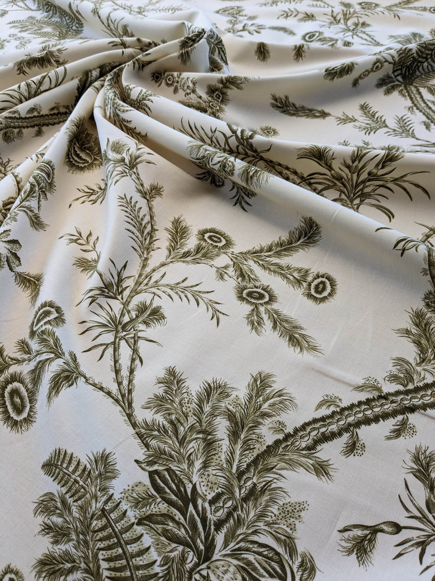 by yard Scalamandre Grey Watkins Languedoc Khaki Beige Green Botanic Fern and Thistle Southern France Toile Circa 1790 MSRP USD 364/y