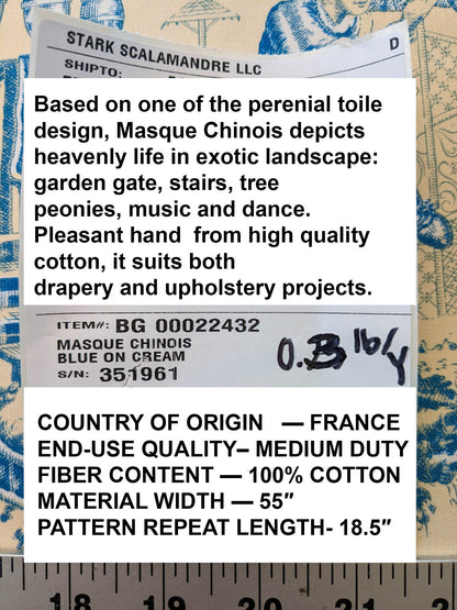 Scalamandre MASQUE CHINOIS Chinoiserie Toile Print Landscape  Garden BLUE ON CREAM Made in France MSRP USD 288/y