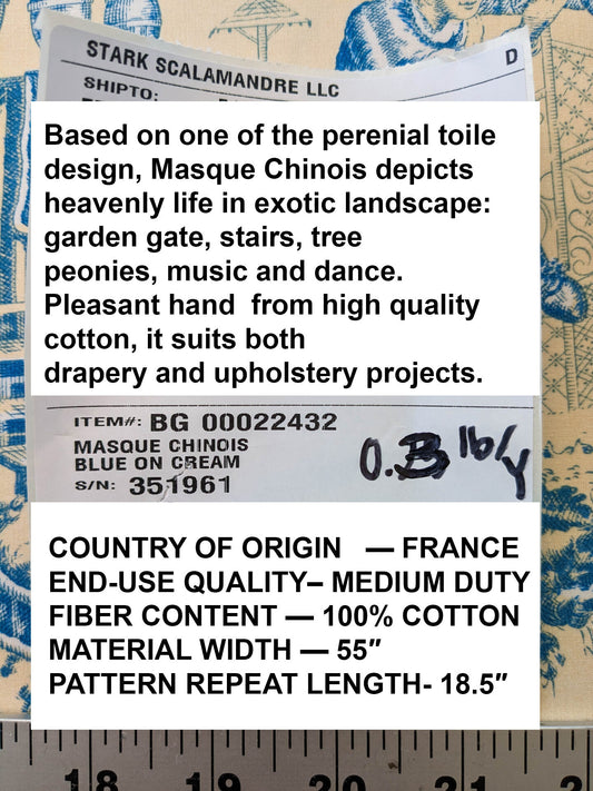Scalamandre MASQUE CHINOIS Chinoiserie Toile Print Landscape  Garden BLUE ON CREAM Made in France MSRP USD 288/y