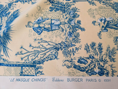 Scalamandre MASQUE CHINOIS Chinoiserie Toile Print Landscape  Garden BLUE ON CREAM Made in France MSRP USD 288/y