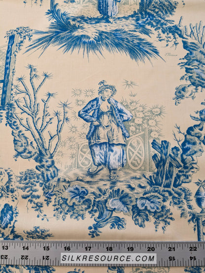 Scalamandre MASQUE CHINOIS Chinoiserie Toile Print Landscape  Garden BLUE ON CREAM Made in France MSRP USD 288/y