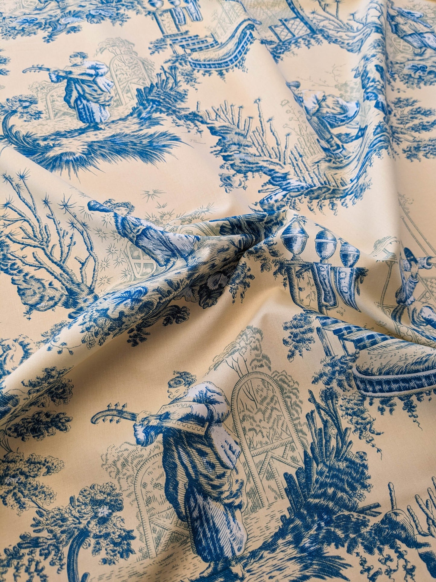 Scalamandre MASQUE CHINOIS Chinoiserie Toile Print Landscape  Garden BLUE ON CREAM Made in France MSRP USD 288/y