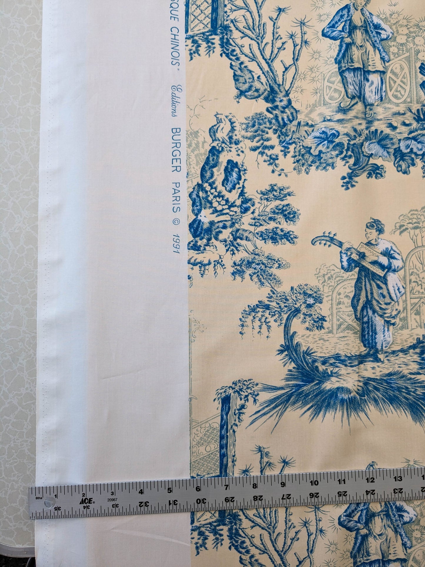 Scalamandre MASQUE CHINOIS Chinoiserie Toile Print Landscape  Garden BLUE ON CREAM Made in France MSRP USD 288/y