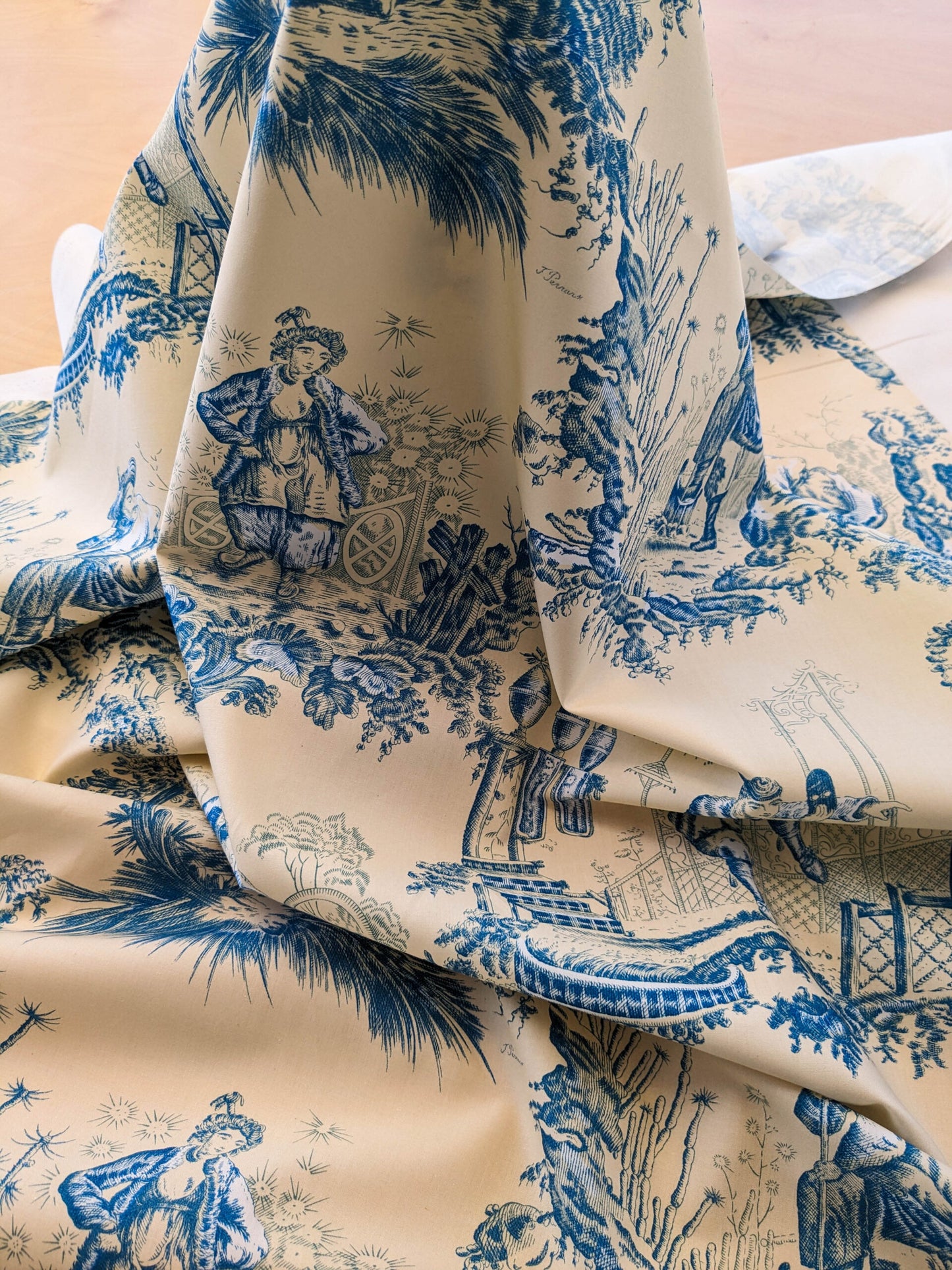 Scalamandre MASQUE CHINOIS Chinoiserie Toile Print Landscape  Garden BLUE ON CREAM Made in France MSRP USD 288/y