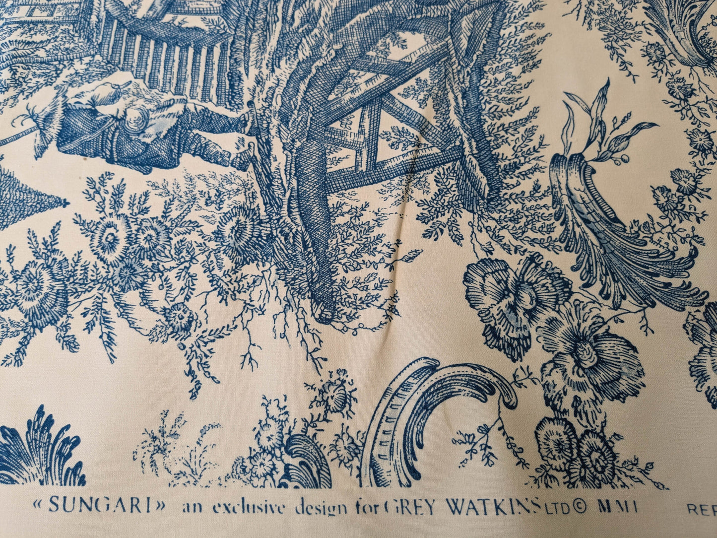 Scalamandre Sungari Blue Beige Historic Landscape Chinoiserie Scenic Toile de Jouy Cotton MSRP USD 200+/y