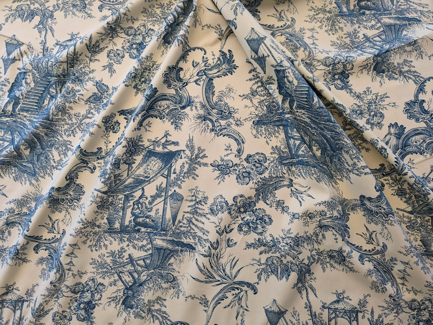 Scalamandre Sungari Blue Beige Historic Landscape Chinoiserie Scenic Toile de Jouy Cotton MSRP USD 200+/y