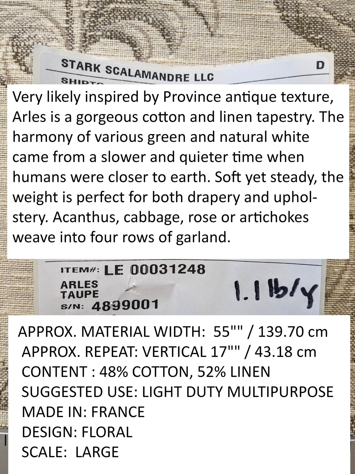 0.88Y Scalamandre Arles Taupe Gray Beige Floral Botanical Cotton Linen MSRP USD 196/y