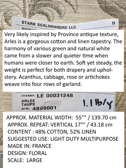 0.88Y Scalamandre Arles Taupe Gray Beige Floral Botanical Cotton Linen MSRP USD 196/y