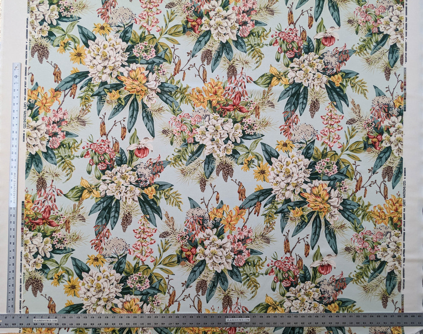 Scalamandre Mountain Greenery Ice Blue White Green Yellow Floral Botanical Linen Cotton MSRP USD 504/y