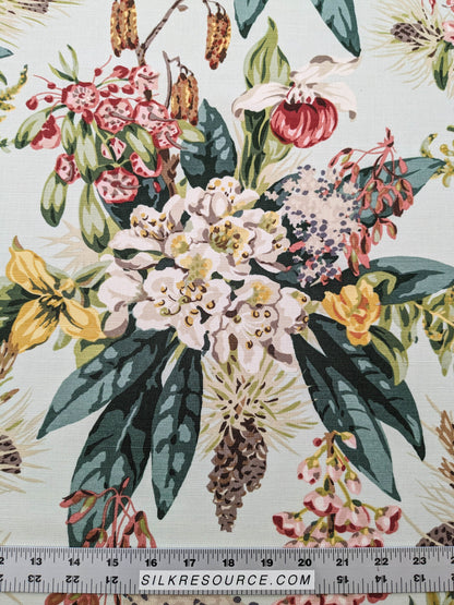 Scalamandre Mountain Greenery Ice Blue White Green Yellow Floral Botanical Linen Cotton MSRP USD 504/y