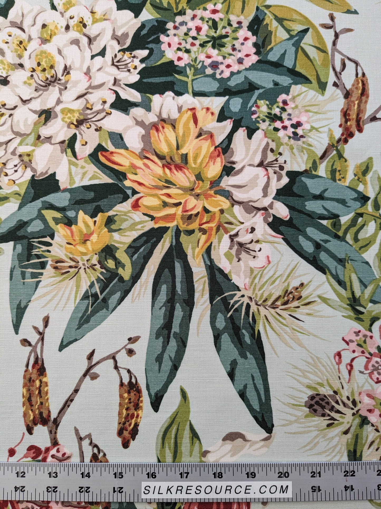 Scalamandre Mountain Greenery Ice Blue White Green Yellow Floral Botanical Linen Cotton MSRP USD 504/y