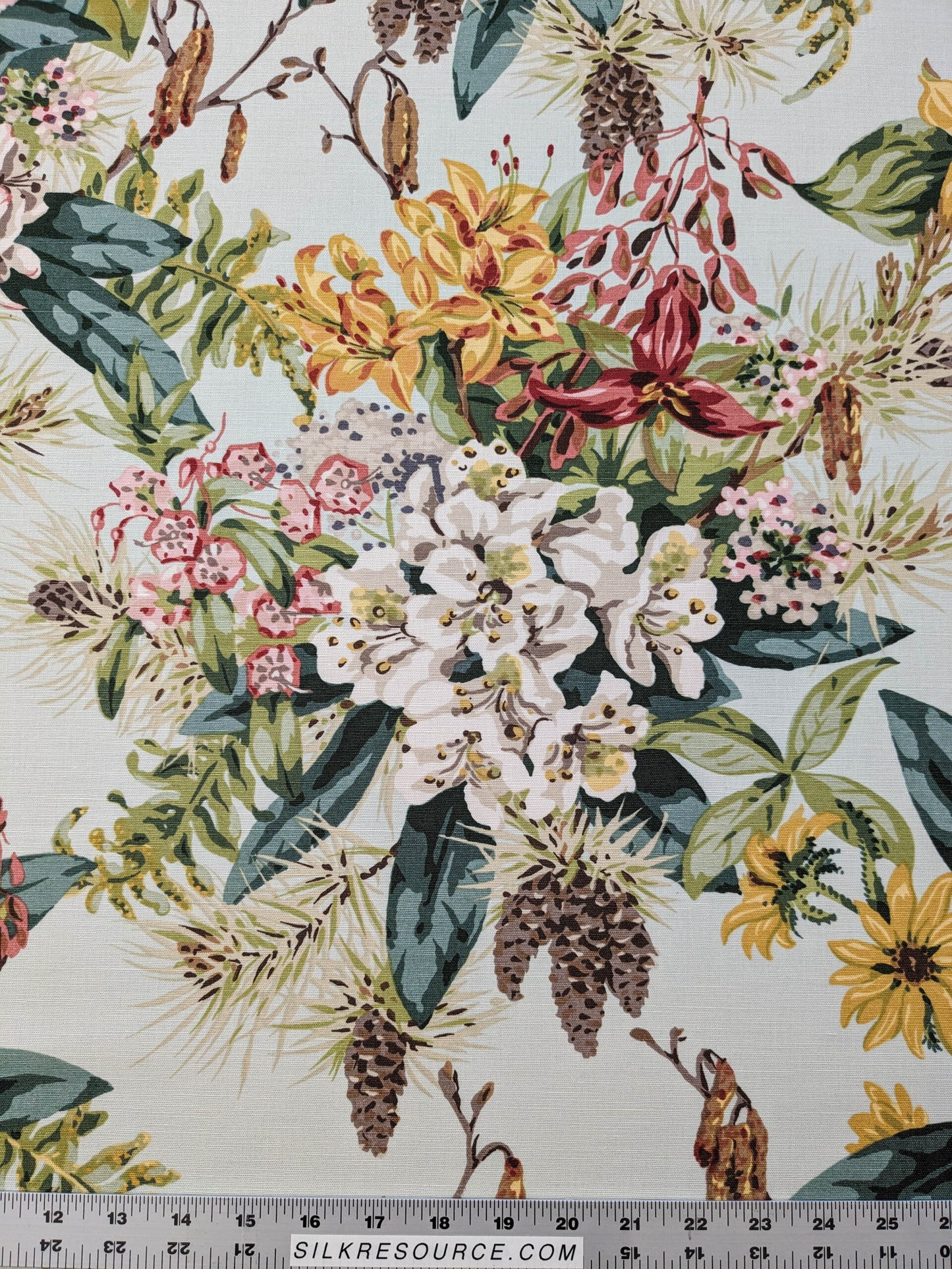 Scalamandre Mountain Greenery Ice Blue White Green Yellow Floral Botanical Linen Cotton MSRP USD 504/y