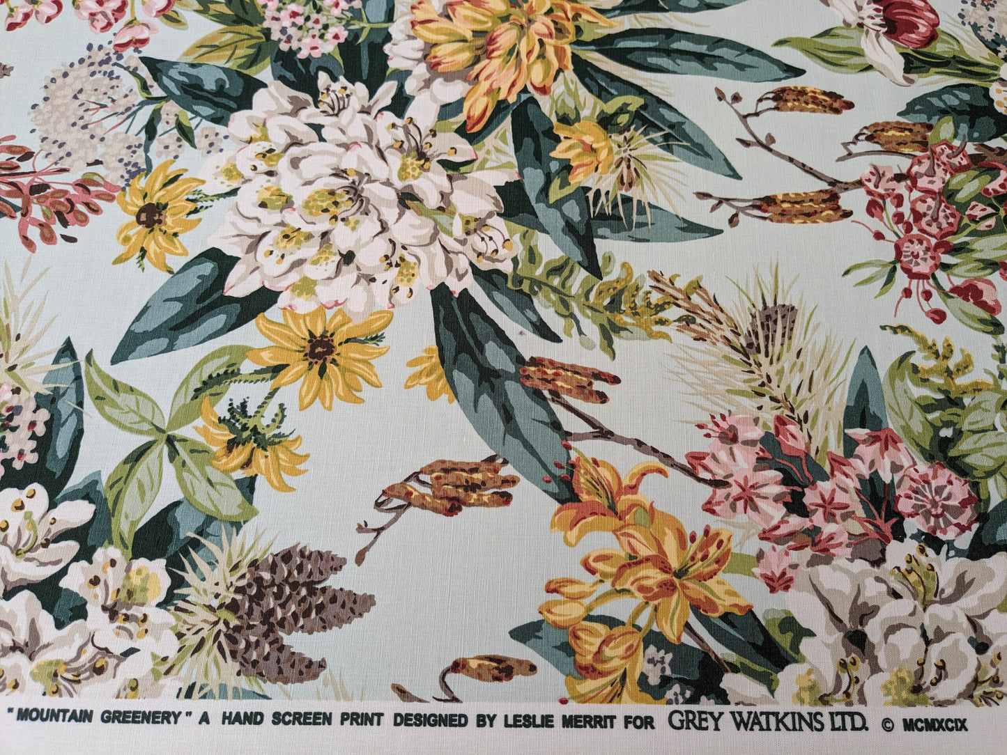 Scalamandre Mountain Greenery Ice Blue White Green Yellow Floral Botanical Linen Cotton MSRP USD 504/y