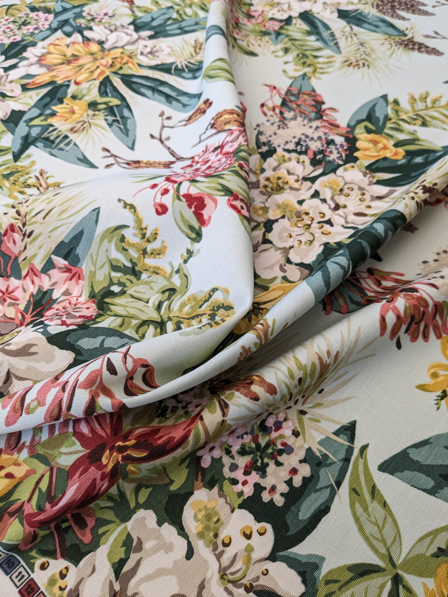 Scalamandre Mountain Greenery Ice Blue White Green Yellow Floral Botanical Linen Cotton MSRP USD 504/y