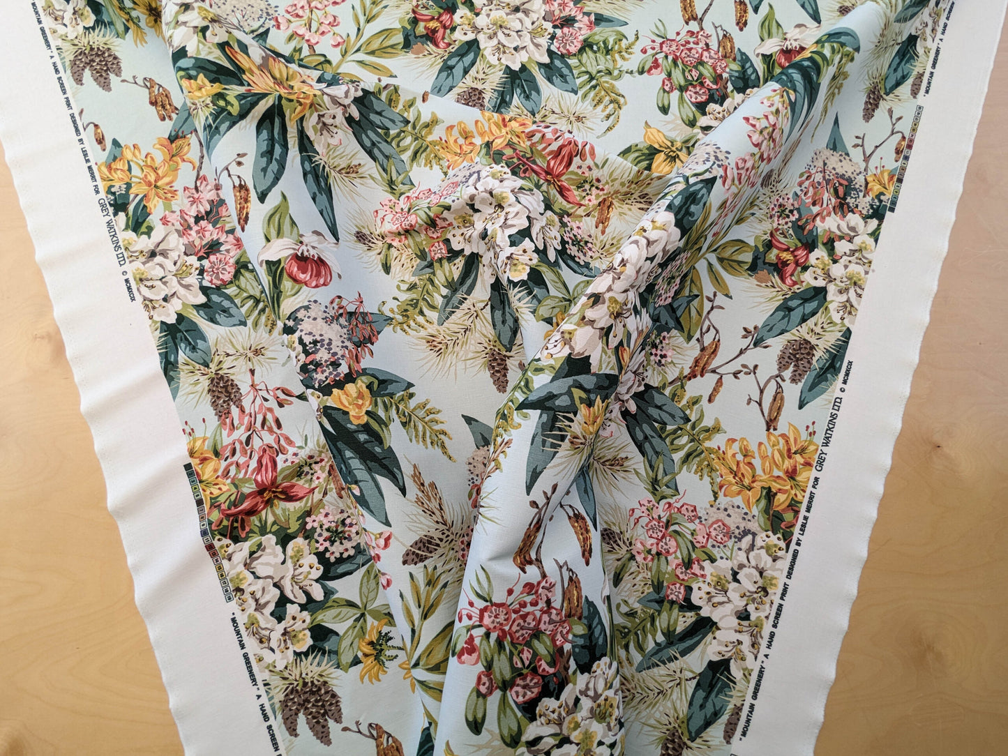 Scalamandre Mountain Greenery Ice Blue White Green Yellow Floral Botanical Linen Cotton MSRP USD 504/y