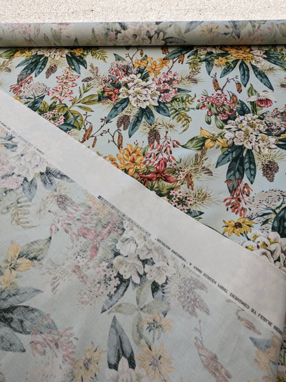 Scalamandre Mountain Greenery Ice Blue White Green Yellow Floral Botanical Linen Cotton MSRP USD 504/y