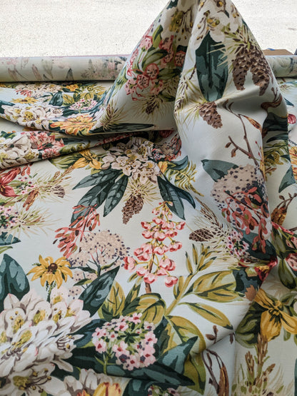 Scalamandre Mountain Greenery Ice Blue White Green Yellow Floral Botanical Linen Cotton MSRP USD 504/y