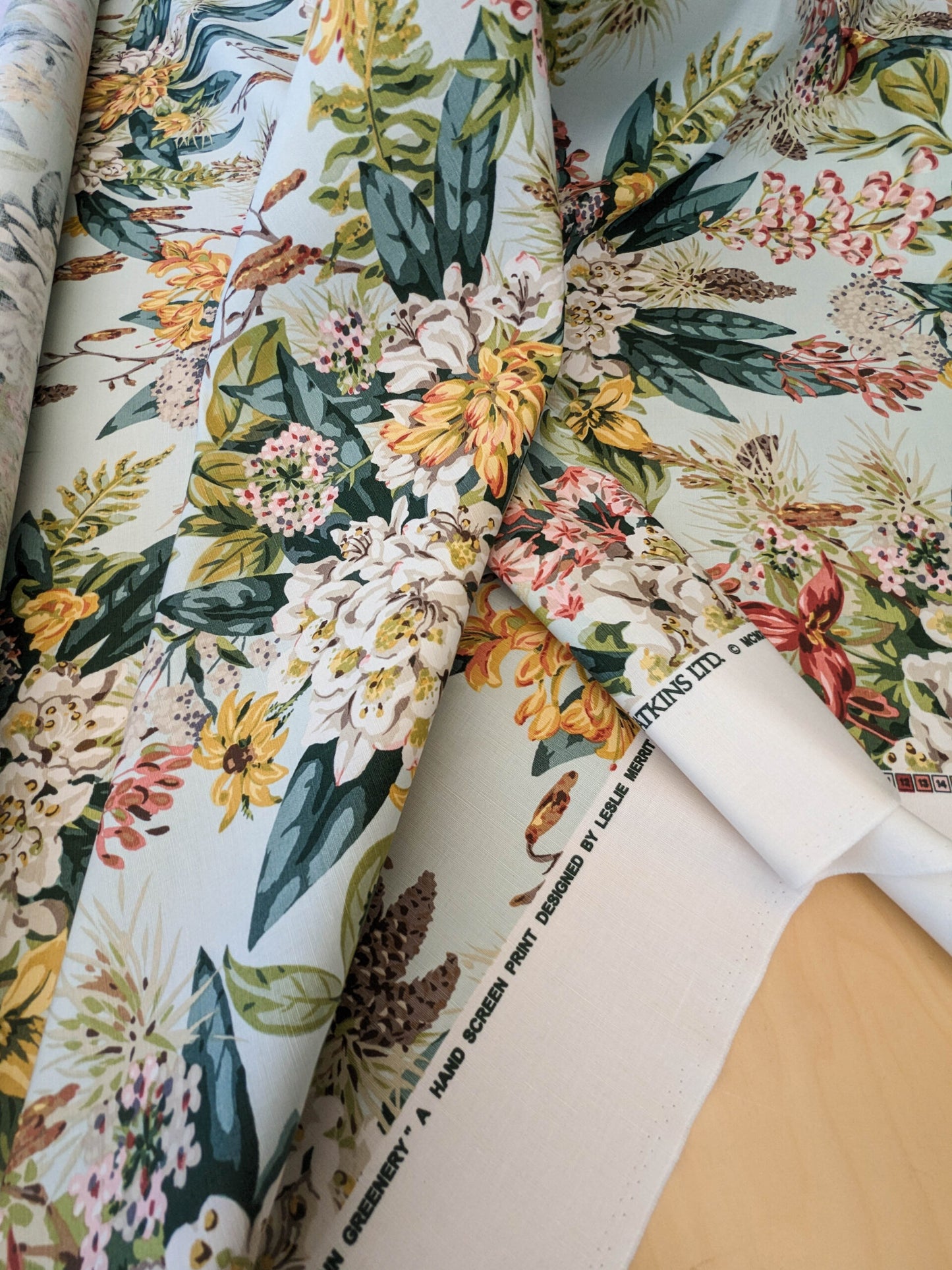 Scalamandre Mountain Greenery Ice Blue White Green Yellow Floral Botanical Linen Cotton MSRP USD 504/y