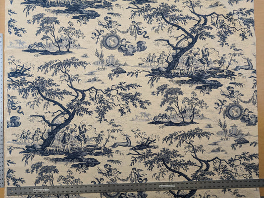 Scalamandre Arthemis Toile de Jouy Blue  Beige Cotton Historic Animals Deer Hunting Scenic 110" wide MSRP USD 240/y