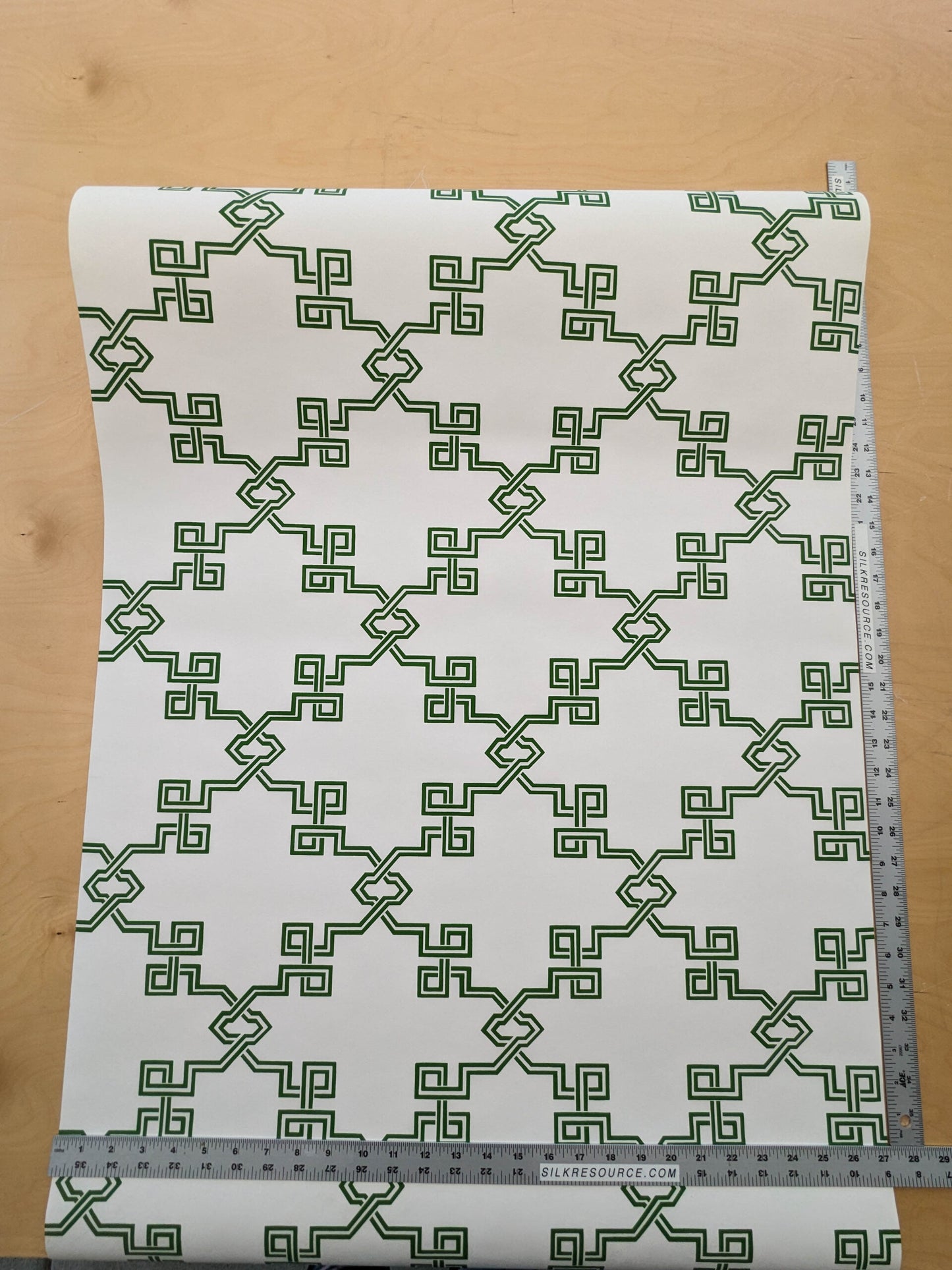 Scalamandre Suzhou Lattice Jade Wallpaper Green White Fretwork Lattice Geometric MSRP USD 132/ single roll