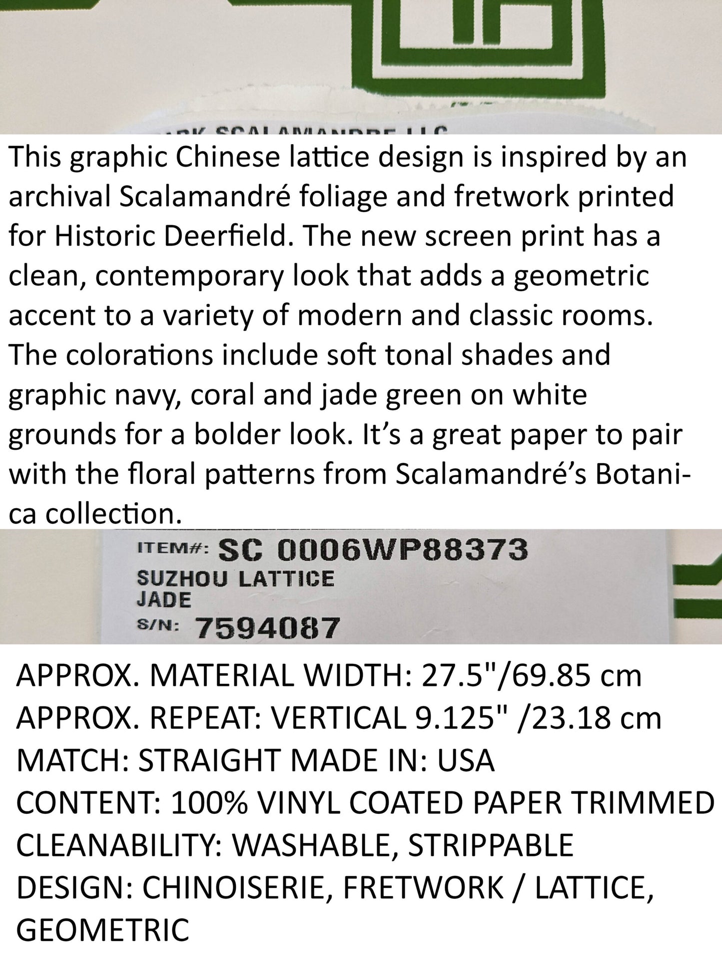 Scalamandre Suzhou Lattice Jade Wallpaper Green White Fretwork Lattice Geometric MSRP USD 132/ single roll