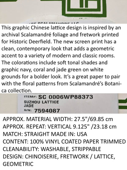 Scalamandre Suzhou Lattice Jade Wallpaper Green White Fretwork Lattice Geometric MSRP USD 132/ single roll
