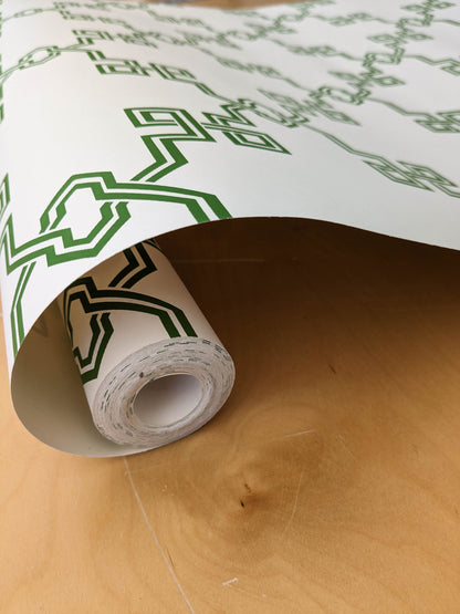 Scalamandre Suzhou Lattice Jade Wallpaper Green White Fretwork Lattice Geometric MSRP USD 132/ single roll
