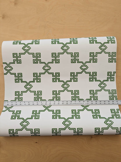 Scalamandre Suzhou Lattice Jade Wallpaper Green White Fretwork Lattice Geometric MSRP USD 132/ single roll