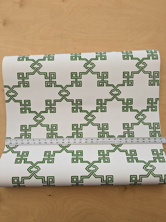 Scalamandre Suzhou Lattice Jade Wallpaper Green White Fretwork Lattice Geometric MSRP USD 132/ single roll