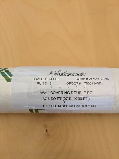 Scalamandre Suzhou Lattice Jade Wallpaper Green White Fretwork Lattice Geometric MSRP USD 132/ single roll