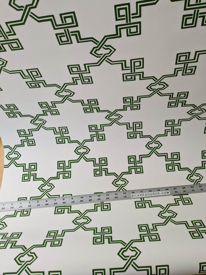 Scalamandre Suzhou Lattice Jade Wallpaper Green White Fretwork Lattice Geometric MSRP USD 132/ single roll