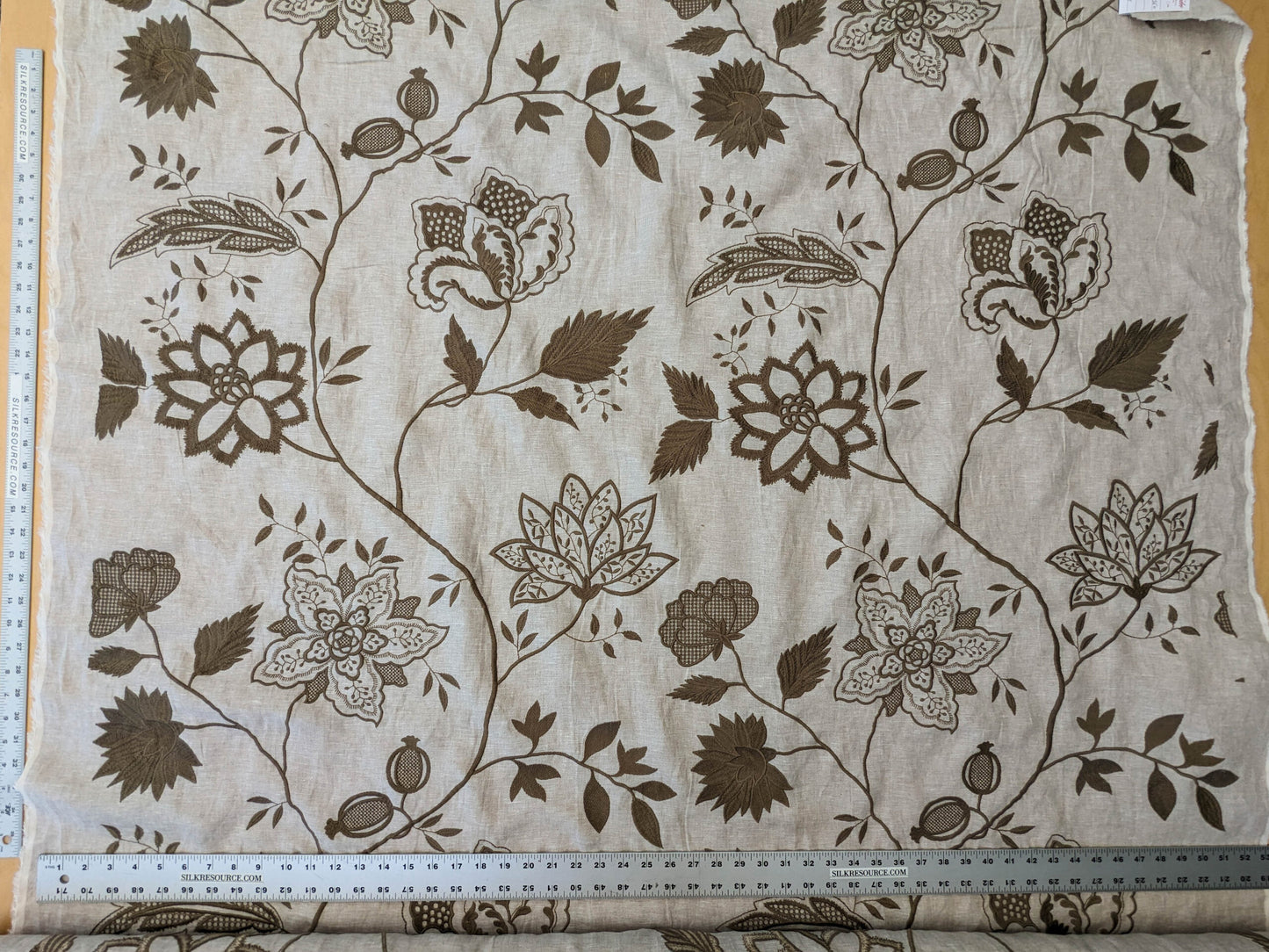 Scalamandre Patna Natural Beige Brown Embroidery Linen Tree of Life Floral Botanical Foliage MSRP USD 316/y