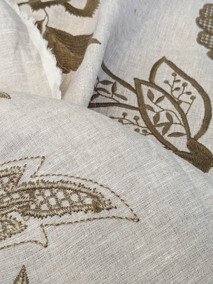 Scalamandre Patna Natural Beige Brown Embroidery Linen Tree of Life Floral Botanical Foliage MSRP USD 316/y