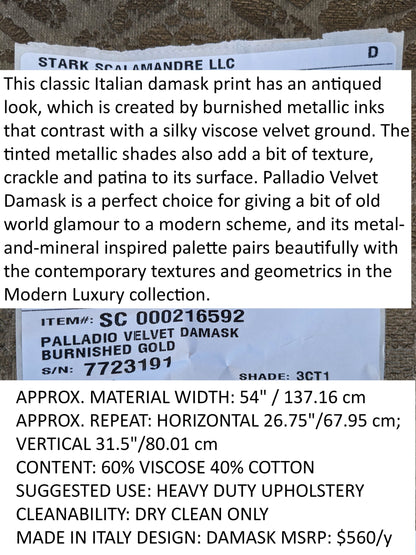 Scalamandre Palladio Velvet Damask Burnished Gold Damask Contemporary MSRP USD 560/y