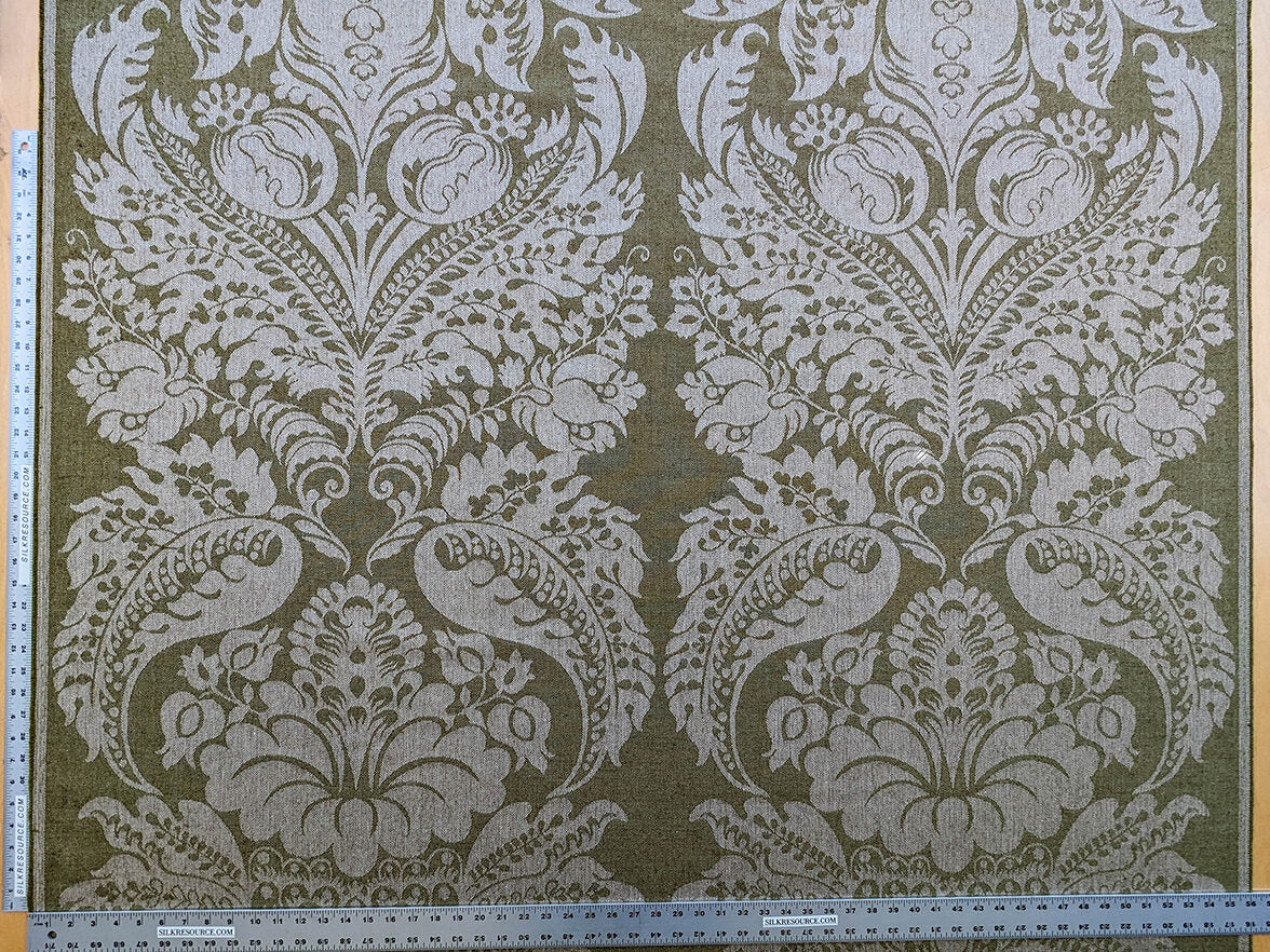 Scalamandre Amelia Lichen  Green Gray Renaissance Damask Jacquard Linen Acanthus Artichoke Feather MSRP USD 176/y