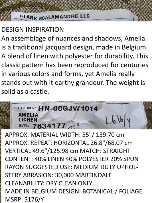 Scalamandre Amelia Lichen  Green Gray Renaissance Damask Jacquard Linen Acanthus Artichoke Feather MSRP USD 176/y