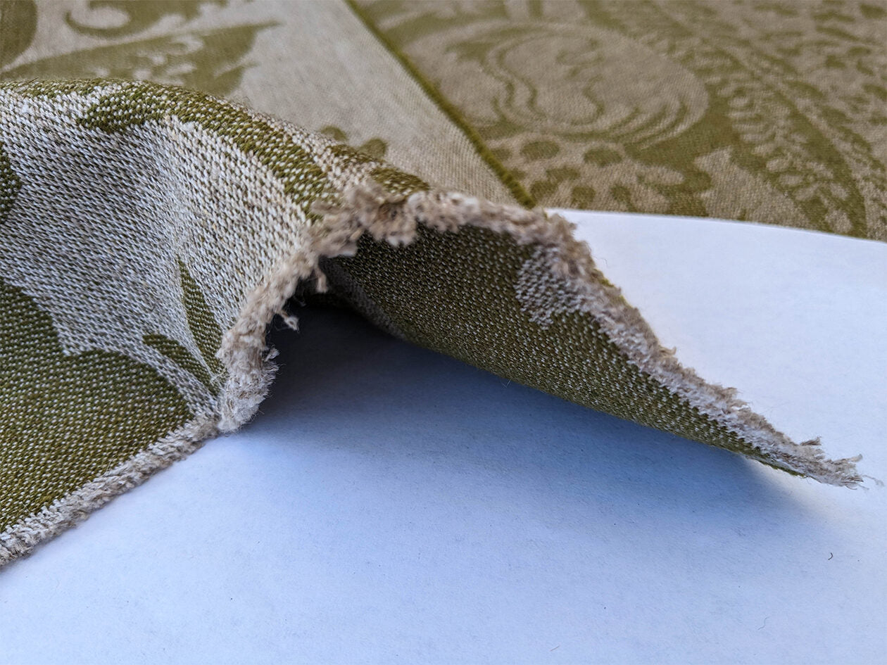 Scalamandre Amelia Lichen  Green Gray Renaissance Damask Jacquard Linen Acanthus Artichoke Feather MSRP USD 176/y