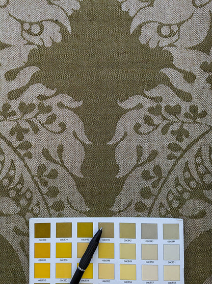 Scalamandre Amelia Lichen  Green Gray Renaissance Damask Jacquard Linen Acanthus Artichoke Feather MSRP USD 176/y