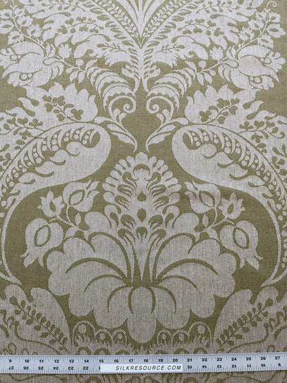 Scalamandre Amelia Lichen  Green Gray Renaissance Damask Jacquard Linen Acanthus Artichoke Feather MSRP USD 176/y