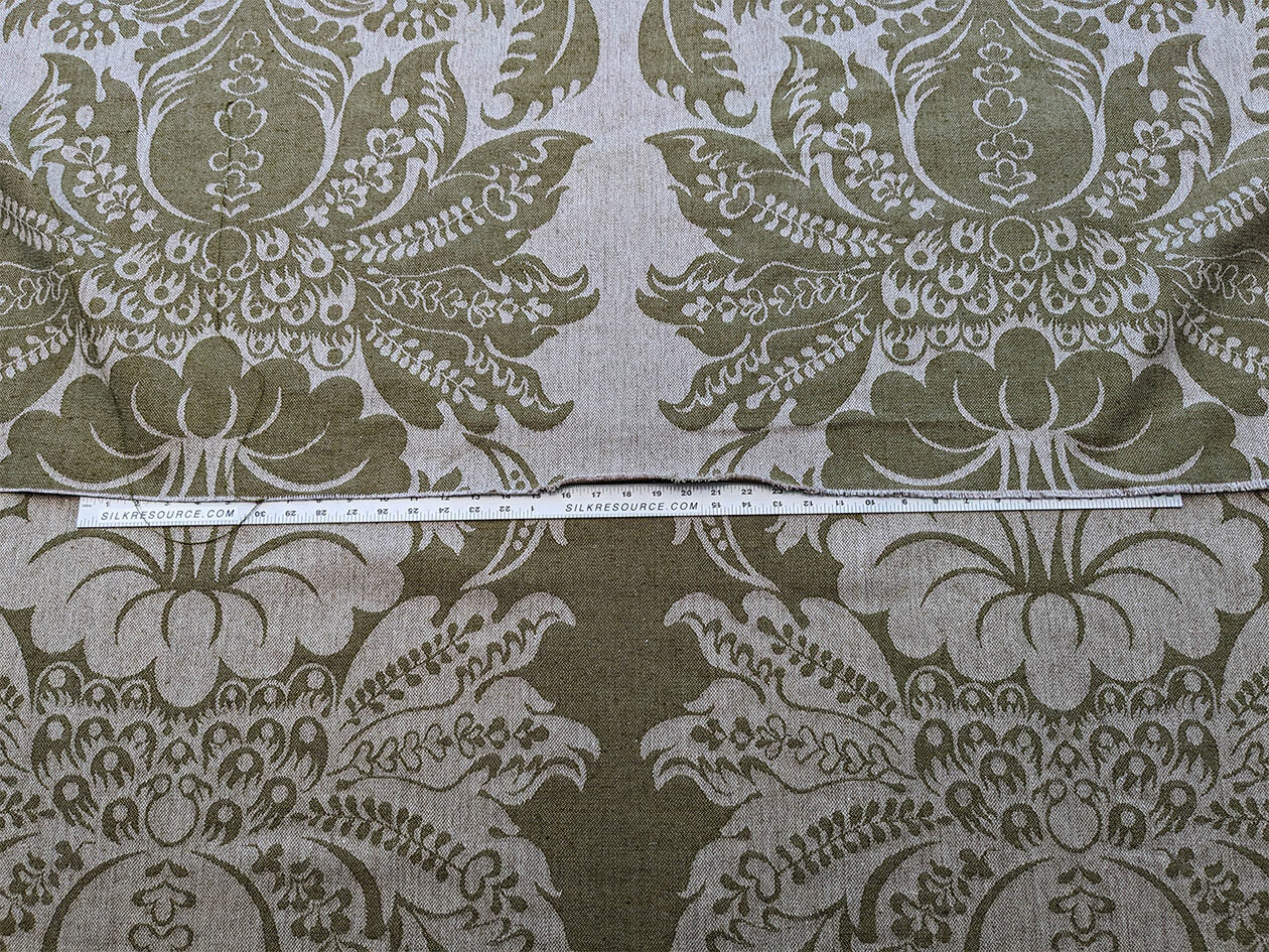 Scalamandre Amelia Lichen  Green Gray Renaissance Damask Jacquard Linen Acanthus Artichoke Feather MSRP USD 176/y