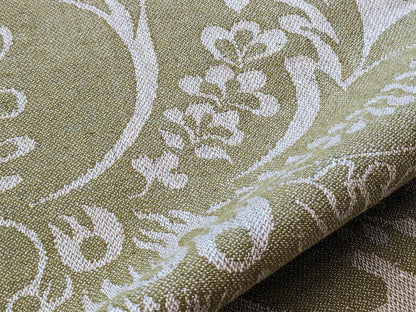Scalamandre Amelia Lichen  Green Gray Renaissance Damask Jacquard Linen Acanthus Artichoke Feather MSRP USD 176/y