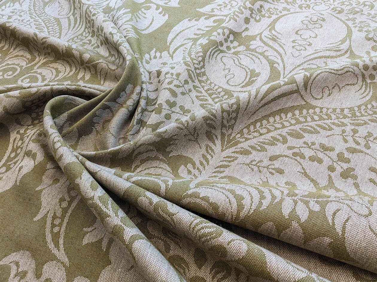 Scalamandre Amelia Lichen  Green Gray Renaissance Damask Jacquard Linen Acanthus Artichoke Feather MSRP USD 176/y