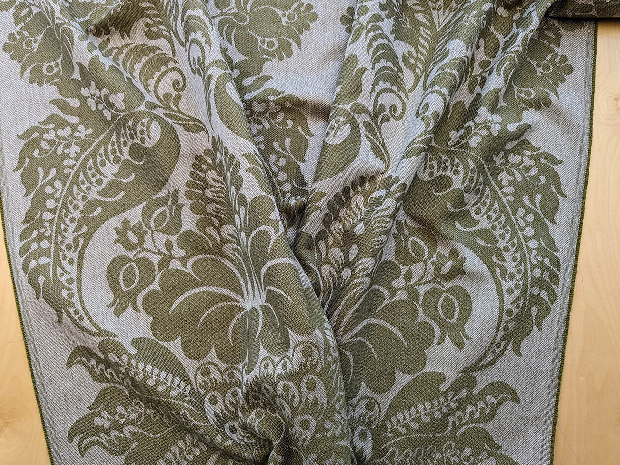 Scalamandre Amelia Lichen  Green Gray Renaissance Damask Jacquard Linen Acanthus Artichoke Feather MSRP USD 176/y