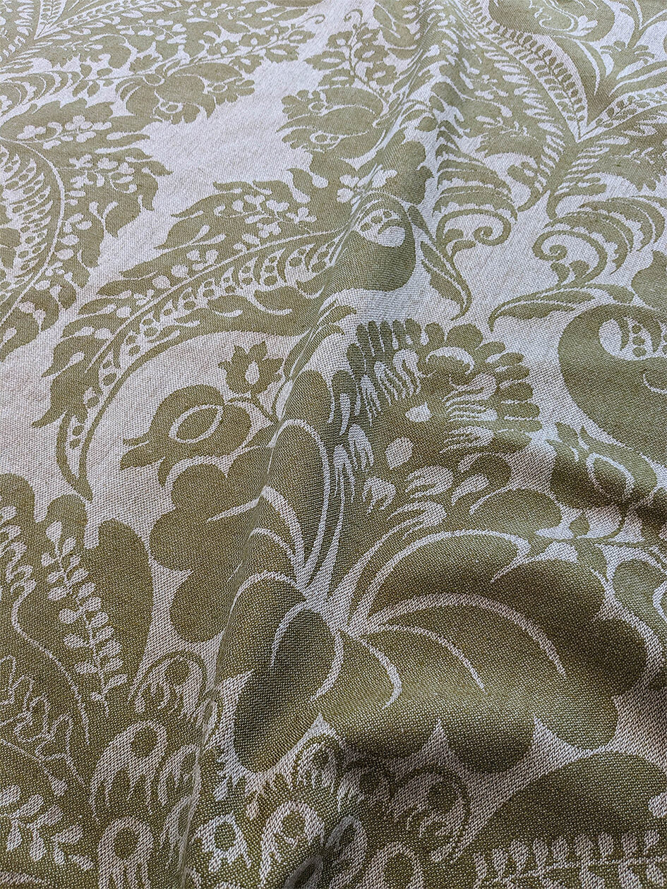 Scalamandre Amelia Lichen  Green Gray Renaissance Damask Jacquard Linen Acanthus Artichoke Feather MSRP USD 176/y
