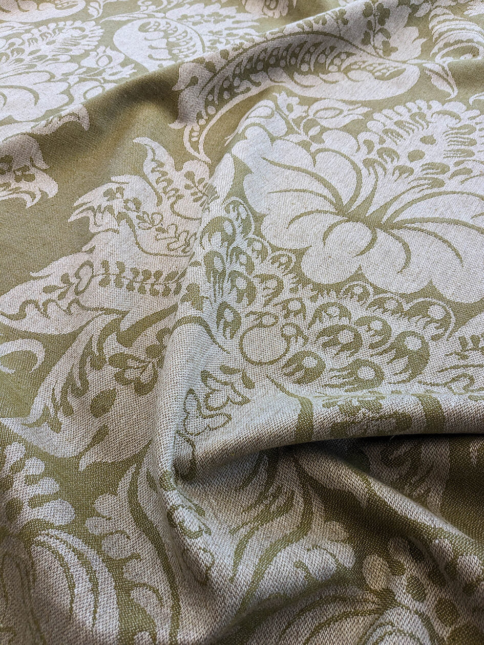 Scalamandre Amelia Lichen  Green Gray Renaissance Damask Jacquard Linen Acanthus Artichoke Feather MSRP USD 176/y