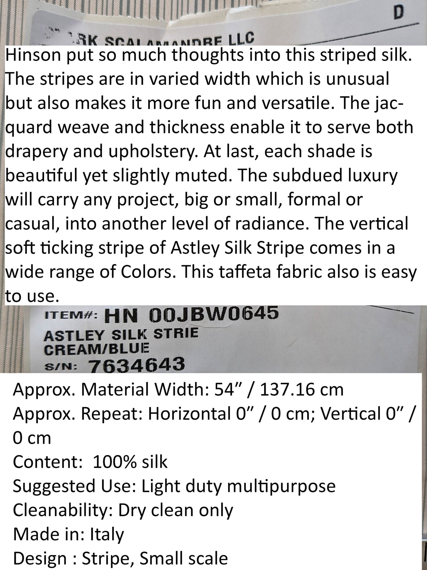 Scalamandre Astley Silk Strie Cream Blue White Pin Stripe Small Scale  MSRP USD350+/yard