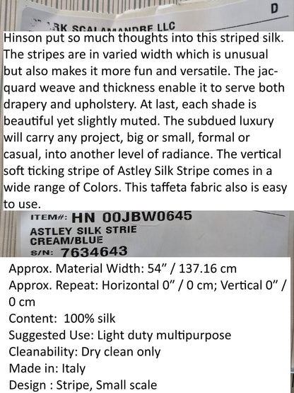 Scalamandre Astley Silk Strie Cream Blue White Pin Stripe Small Scale  MSRP USD350+/yard